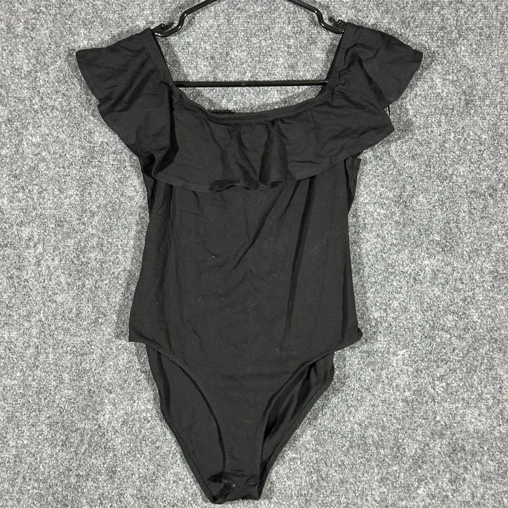 Ambiance Womens Black Ruffle Neck Bodysuit Cotton Blend Size M 69722